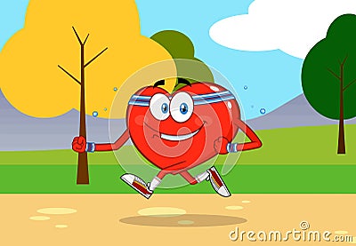 Healthy Heart Cartoon Character Jogging In The Park Vector Illustration