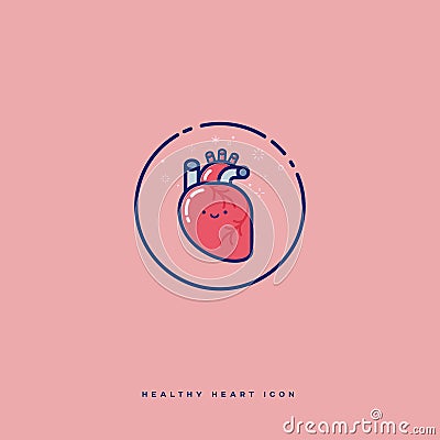 Healthy heart icon in a circle. Cute cartoon heart and blood vessels with stars and confetti. Vector Illustration