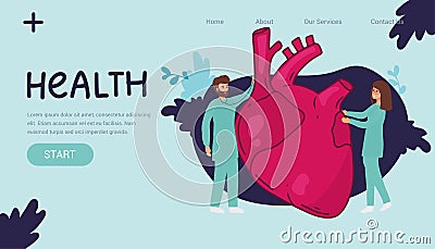 Healthy heart landing page website illustration vector flat design landing page. Vector Illustration