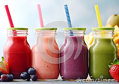 Healthy high fiber fruit and berry smoothies in bottles.Macro.AI Generative Stock Photo