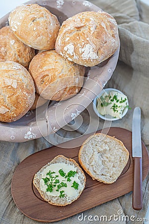 Healthy home made crusty round bread rolls Stock Photo