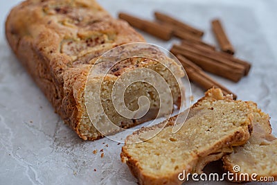 Home made freshly baked pear cinnamon cake on a table Stock Photo
