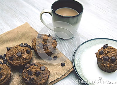 Healthy homemade pumpkin chocolate chip muffins with fall spices Stock Photo