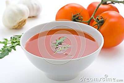 Healthy homemade tomato soup and vegetables Stock Photo