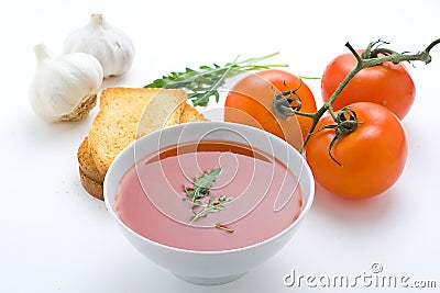 Healthy homemade tomato soup and vegetables Stock Photo