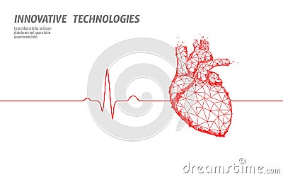 Healthy human heart beats 3d medicine model low poly. Triangle connected dots glow point red background. Pulse internal Vector Illustration