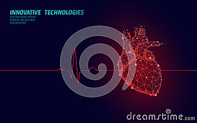 Healthy human heart beats 3d medicine model low poly. Triangle connected dots glow point red background. Pulse internal Vector Illustration