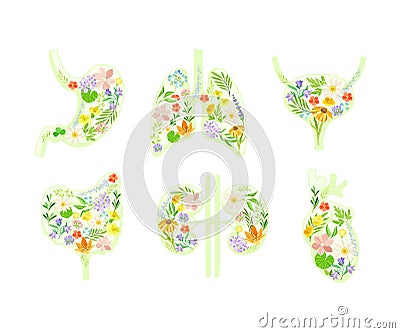 Healthy Human Internal Organs with Anatomical Lungs, Stomach, Kidneys, Bladder, Intestines and Heart with Blooming Flora Vector Illustration