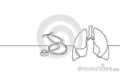 Healthy human lungs medicine single continuous line art. Online doctor World Tuberculosis day modern technology Vector Illustration