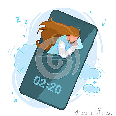 Healthy human sleep cycle stages vector flat illustration, white background. Girl sleeping with smartphone. Concept Vector Illustration