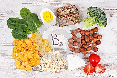 Healthy ingredients as source minerals vitamin B2 and dietary fiber nutritious eating concept Stock Photo