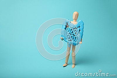 Healthy intestines in hands of human figure. Digestive problems, colic, dysbacteriosis Stock Photo