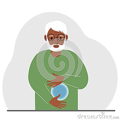 Healthy intestines or stomach. The man keeps his hands on his stomach. Vector Illustration