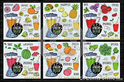 Healthy juice detox smoothie receipes set. Hand drawn ill Cartoon Illustration