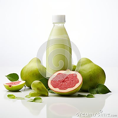 Healthy Juice And Pear: Vibrant Guava Product Photography On White Background Stock Photo