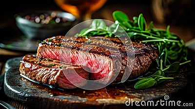 Healthy lean grilled medium-rare beef steak in cut. Gourmet food. Delicious food. Generative AI Stock Photo