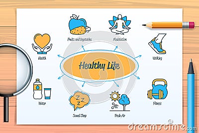 Healthy life chart with icons and keywords Stock Photo