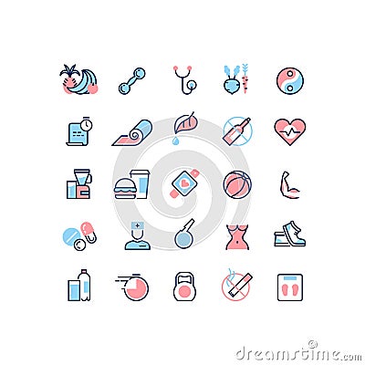 Healthy life and fitness vector line icons Vector Illustration