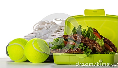 Healthy Life Sport Concept. Sneakers with Tennis Balls, Towel, A Stock Photo
