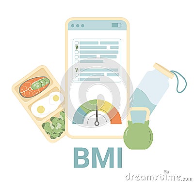 Healthy lifestyle. BMI and weight control application. Body mass index and counting calories on phone, kettlebell fitness and Vector Illustration