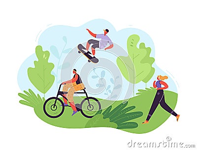 Healthy Lifestyle Concept. Active People Exercising in Park. Woman Running, Girl Riding Bicycle, Man Skateboarding Vector Illustration