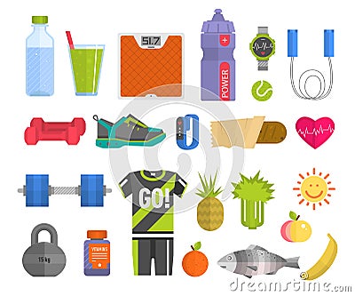 Healthy lifestyle concept with food fitness heart symbol and sport exercise icons medicine wellness fit health care Vector Illustration