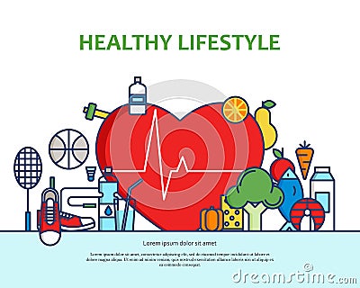 Healthy lifestyle concept with food and sport icons. Natural life vector background with heart shape. Phisycal activity Vector Illustration