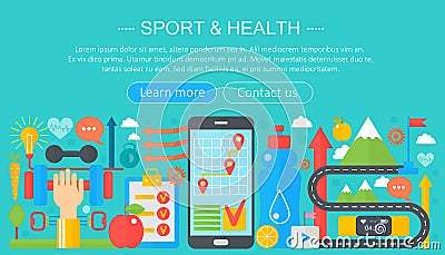 Healthy lifestyle concept with food and sport icons. Sport and fitness flat concept infographics header template design Vector Illustration