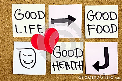 healthy lifestyle concept - good food, health and life - reminder words handwritten of sticky notes with red heart Stock Photo