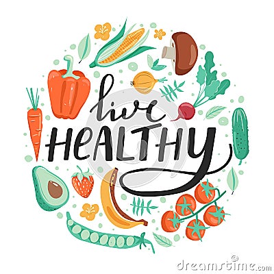 Healthy lifestyle concept. Inspirational inscription. Stylish typography slogan design `live healthy` sign. Vector Illustration