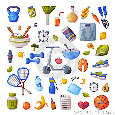 Healthy Lifestyle and Diet Big Set, Various Fitness and Sports Equipment, Useful Food, Proper Nutrition, Supplements Vector Illustration