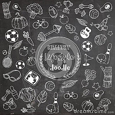 Healthy lifestyle doodle. Design with thin line icons on theme f Vector Illustration