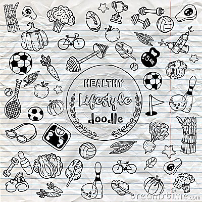 Healthy lifestyle doodle. Design with thin line icons on theme f Vector Illustration