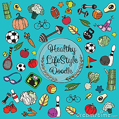 Healthy lifestyle doodle. Design with thin line icons on theme f Vector Illustration