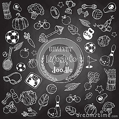 Healthy lifestyle doodle. Design with thin line icons on theme f Vector Illustration