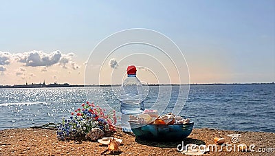 Healthy lifestyle Ecology Wonderful world Wild flowers fresh water in clean Baltic Sea seashell on rock i blue glass cup and bott Stock Photo