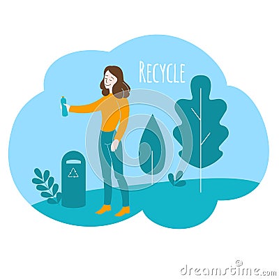 Healthy lifestyle, environment care. Cartoon volunteer girl recycles in park. Flat Woman recycling plastic Vector Illustration
