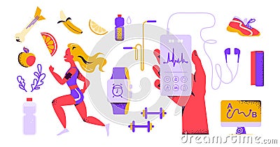 Healthy lifestyle equipment elements set: woman run in sport outfit, hand hold smartphone, fitness app, earphones Vector Illustration