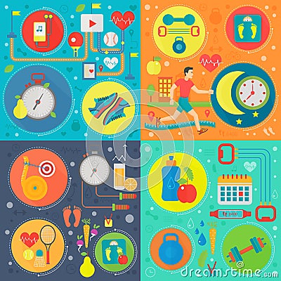 Healthy lifestyle flat color templates set. Vector healthy food, sport and fitness concept background for flyear Vector Illustration