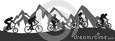 Healthy lifestyle, group of five cyclists riding in mountain - Vector Illustration