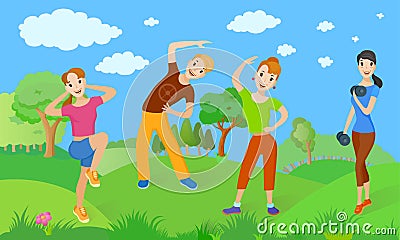 Healthy lifestyle from a group of people who do exercise outdoor Cartoon Illustration