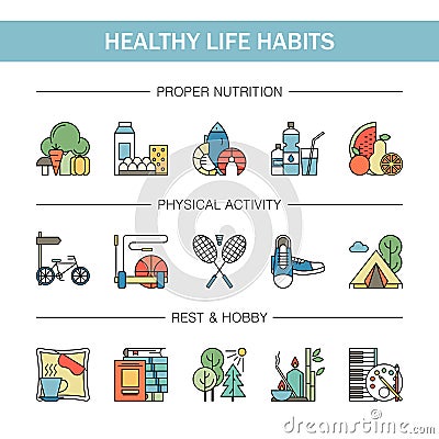 Healthy lifestyle habits colorful line vector icons . Proper nutrition fruit vegetables water seafood. Physical Vector Illustration