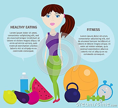 Healthy lifestyle with healthy food icons, dumbbell, fruits, camping, fitness. Vector Illustration