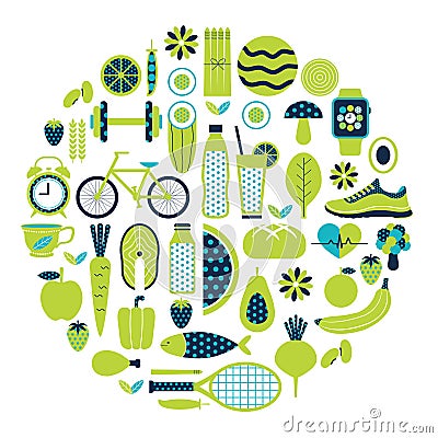 Healthy lifestyle icon set in green colour Vector Illustration