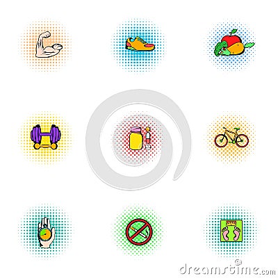 Healthy lifestyle icons set, pop-art style Vector Illustration