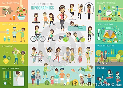 Healthy lifestyle infographic set with charts and other elements. Vector Illustration