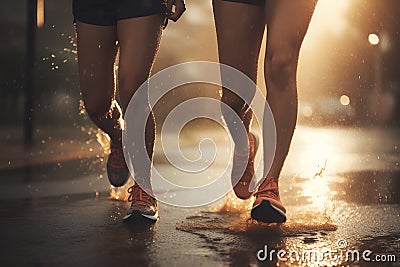 Healthy lifestyle. Legs of friends in sport shoose taking run on warm sunny day with rain. AI, generated Stock Photo