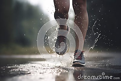 Healthy lifestyle. Legs of woman in sport shoose taking run on warm sunny day with rain. AI, generated Stock Photo