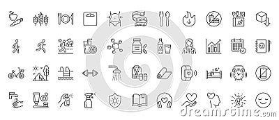 Healthy lifestyle line icons set. Active life - organic food, nutrition, running, jogging, time management, scales Vector Illustration