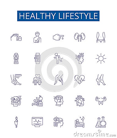 Healthy lifestyle line icons signs set. Design collection of Exercise, Nutrition, Sleep, Hydration, Balance, Moderation Vector Illustration